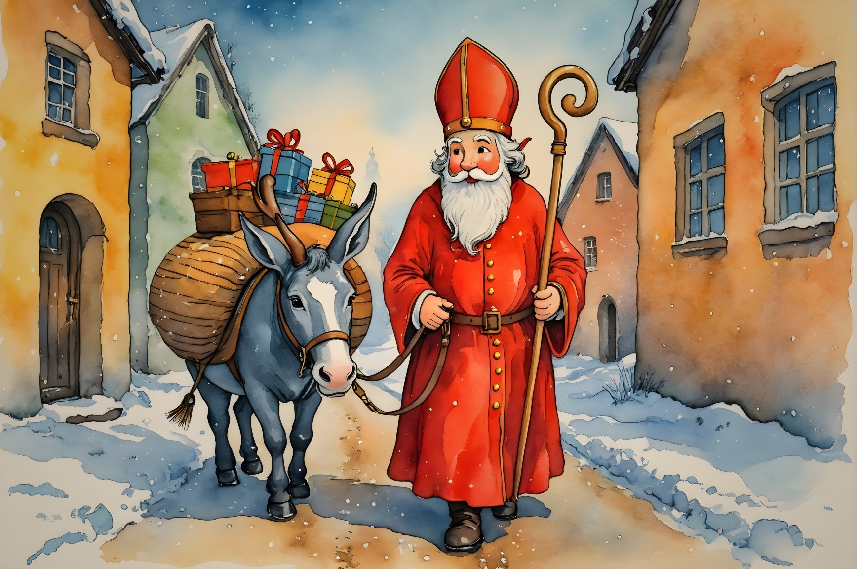 Bearded Figure in Red Robe with Donkey on Snowy Path