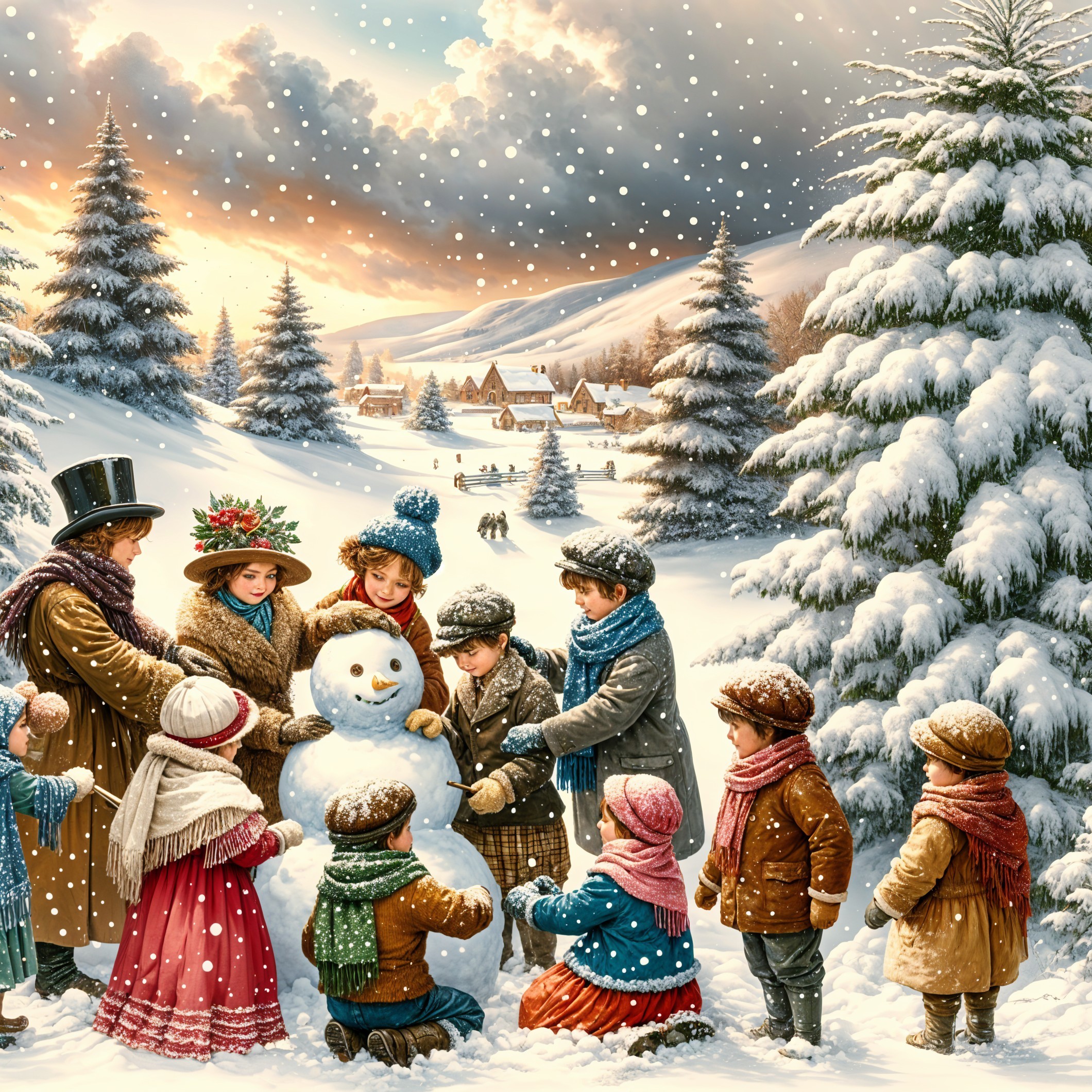 Children Building a Snowman in Winter Landscape