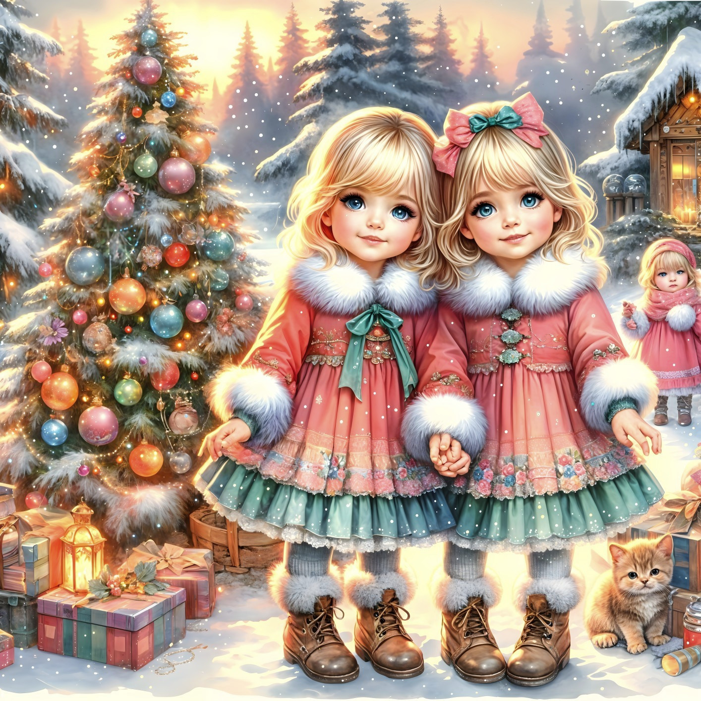 Twin Girls in Festive Dresses with Christmas Tree