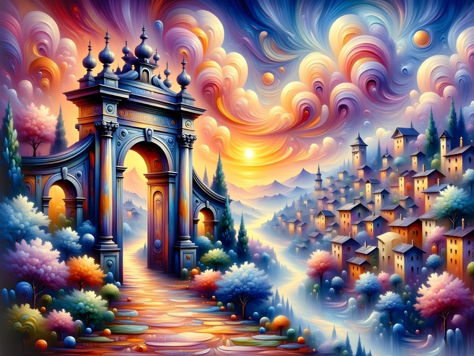 Vibrant Landscape with Grand Archway and Whimsical Village