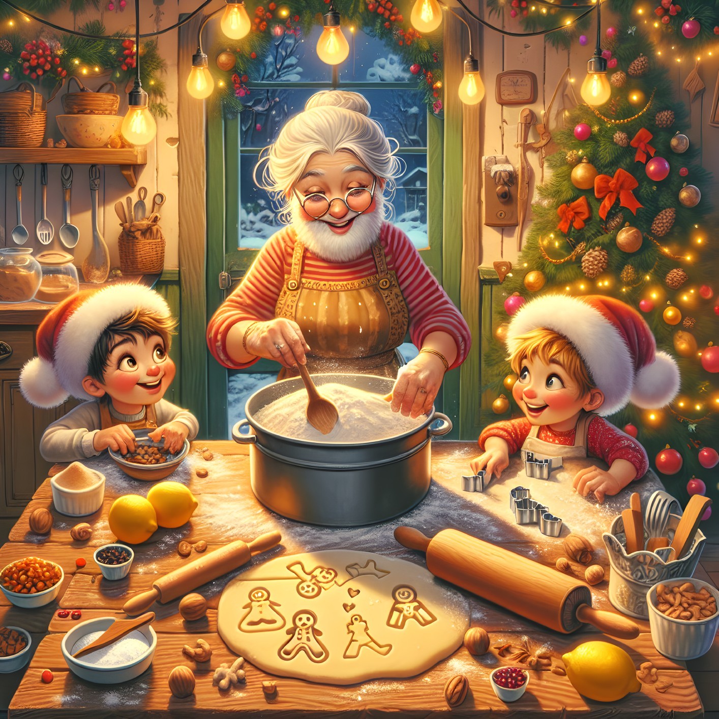 Festive Kitchen Scene with Grandmother and Children Baking