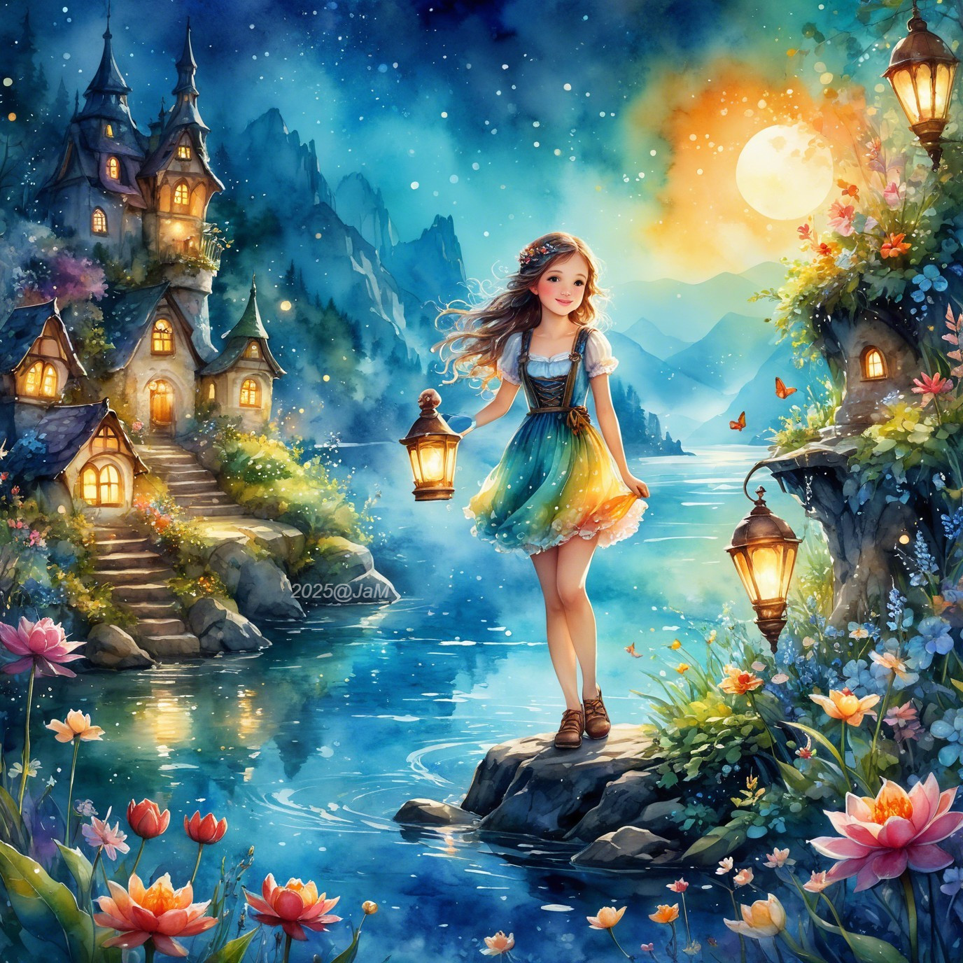Whimsical Scene of a Girl by a Shimmering Lake