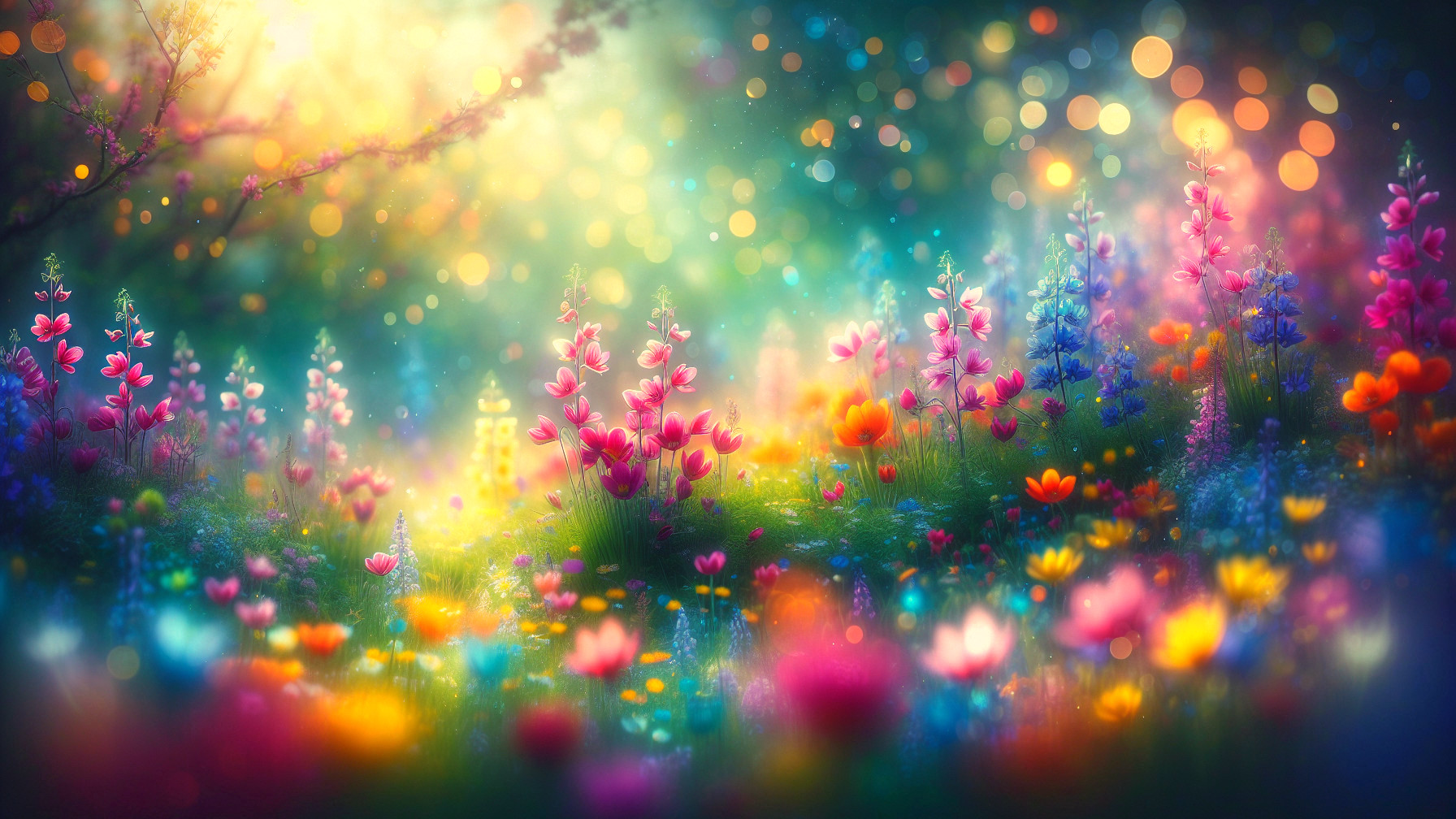 Vibrant Ethereal Meadow with Colorful Flowers and Bokeh
