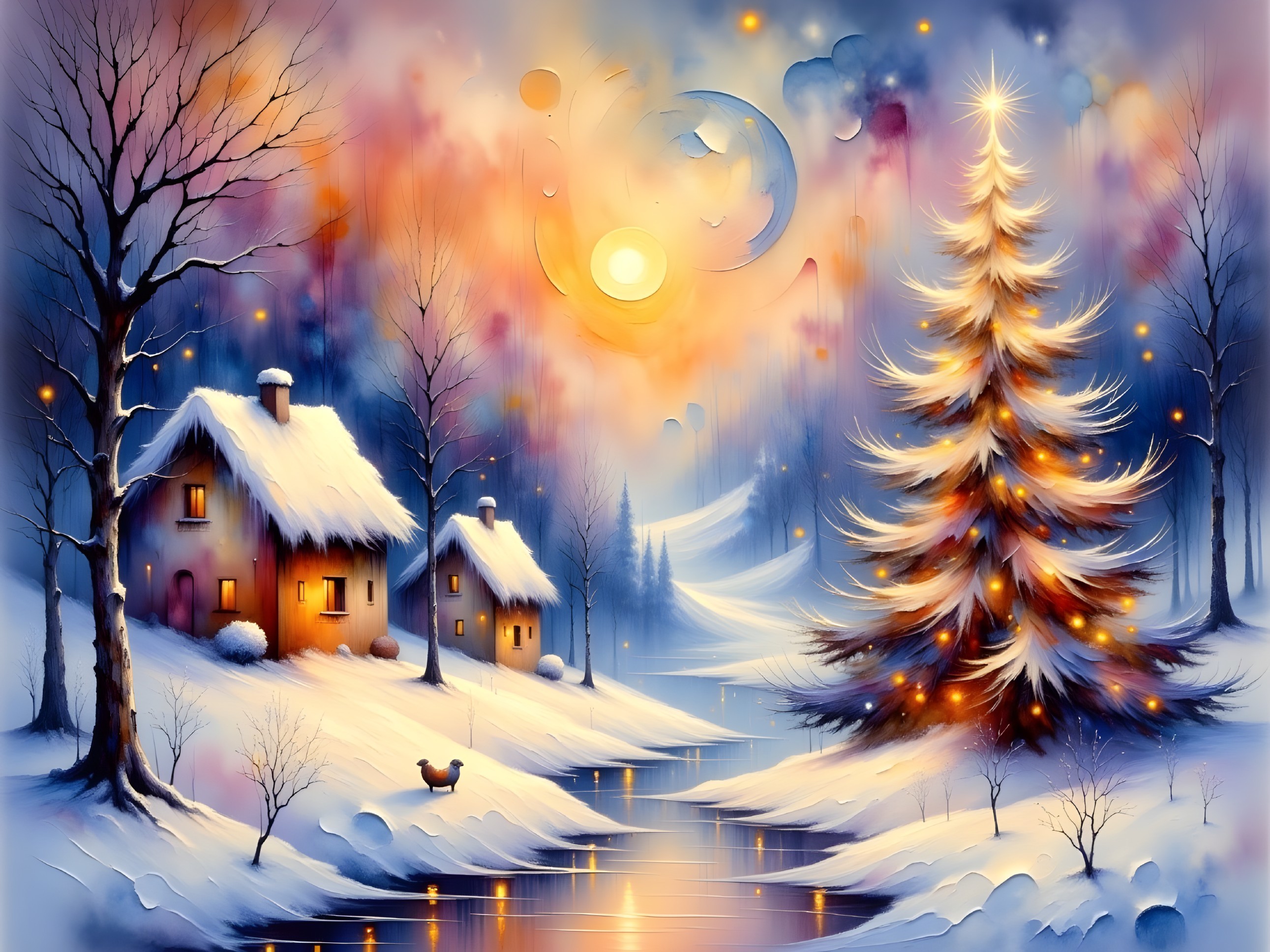 Winter Landscape with Snowy Cottages and Sunset Glow