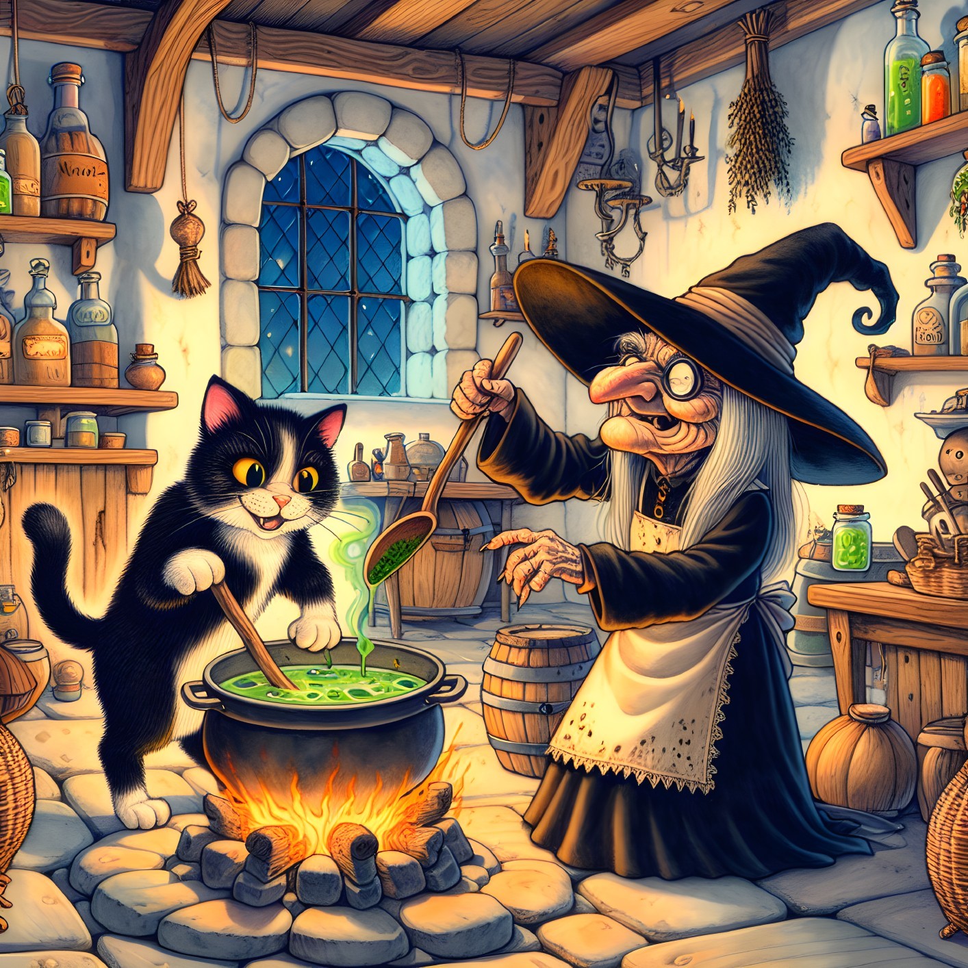 Whimsical Witch's Kitchen with Cat and Cauldron