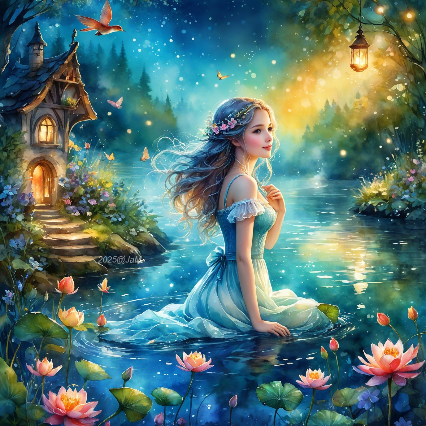 Young Woman in Blue Dress by Tranquil Lake with Lotus