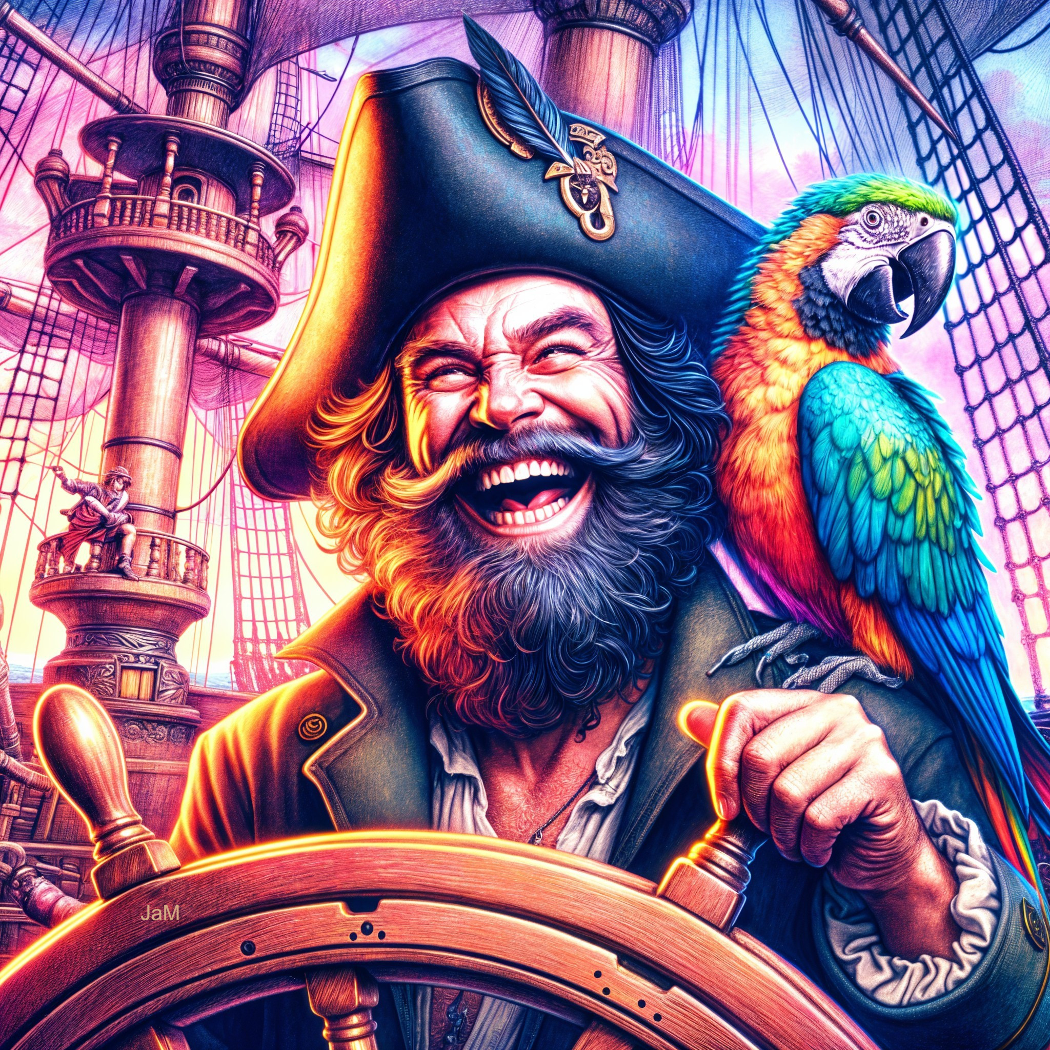 Jovial Pirate at Ship's Wheel with Colorful Parrot