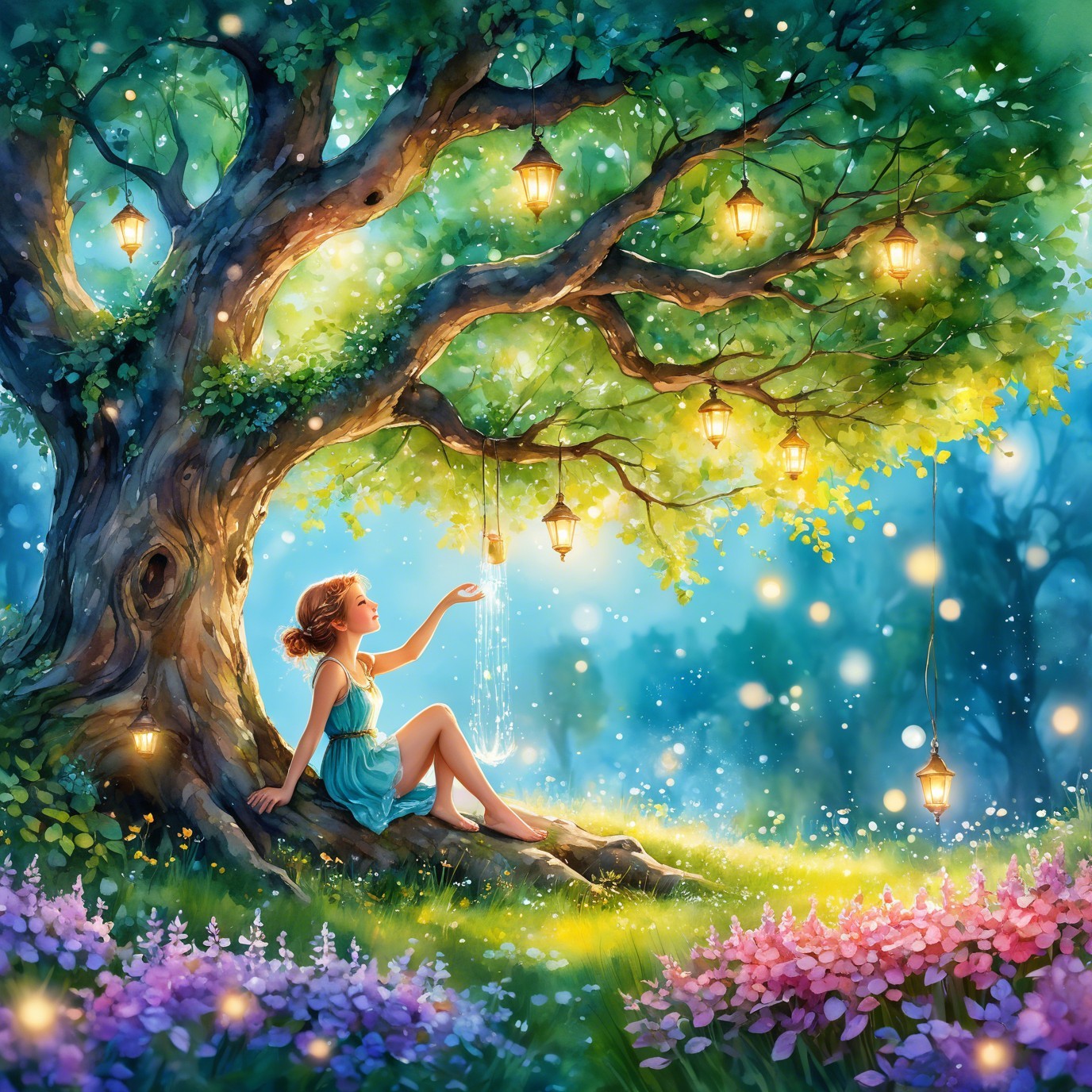 Young girl by glowing tree in magical forest setting