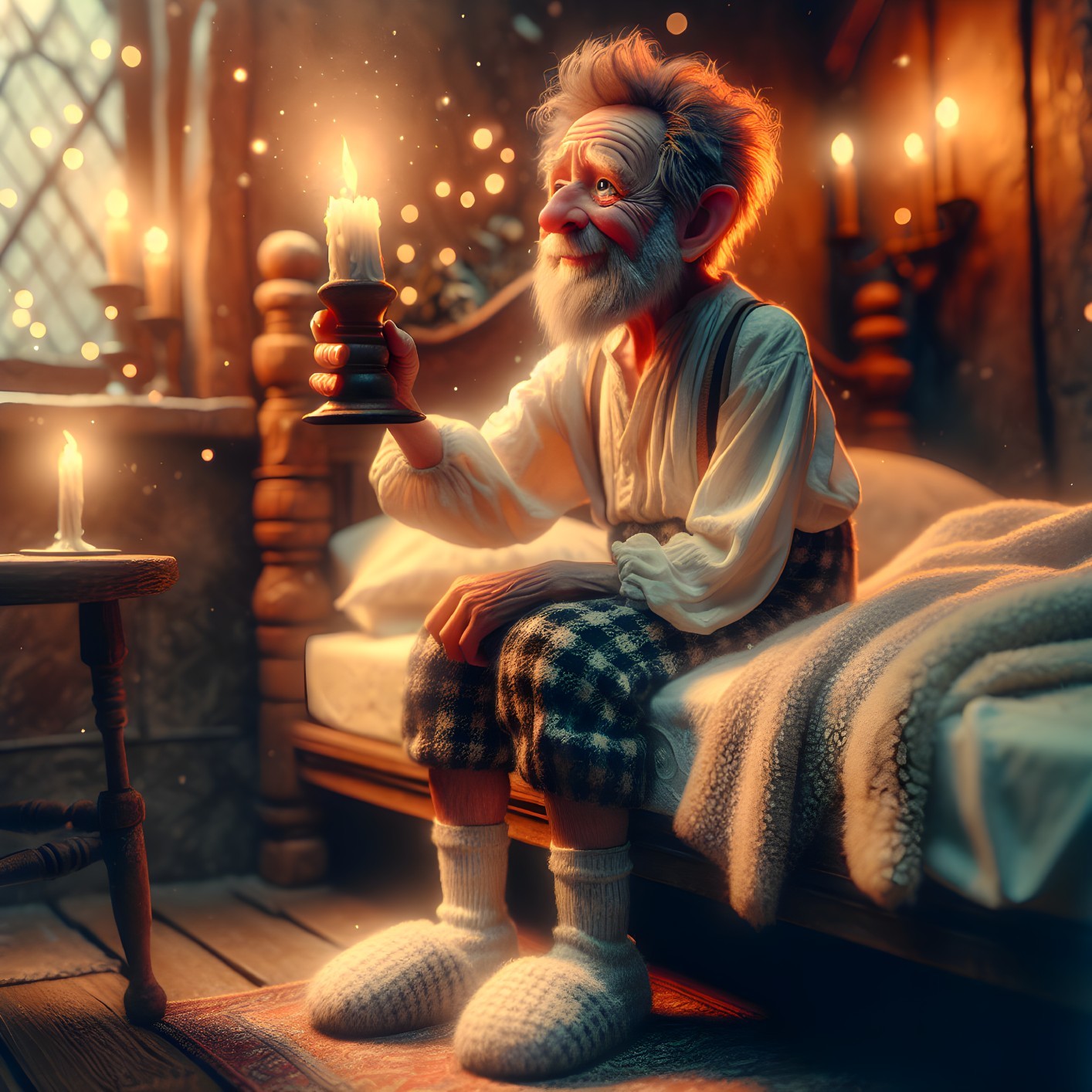 Elderly man with candle in cozy, warmly lit room
