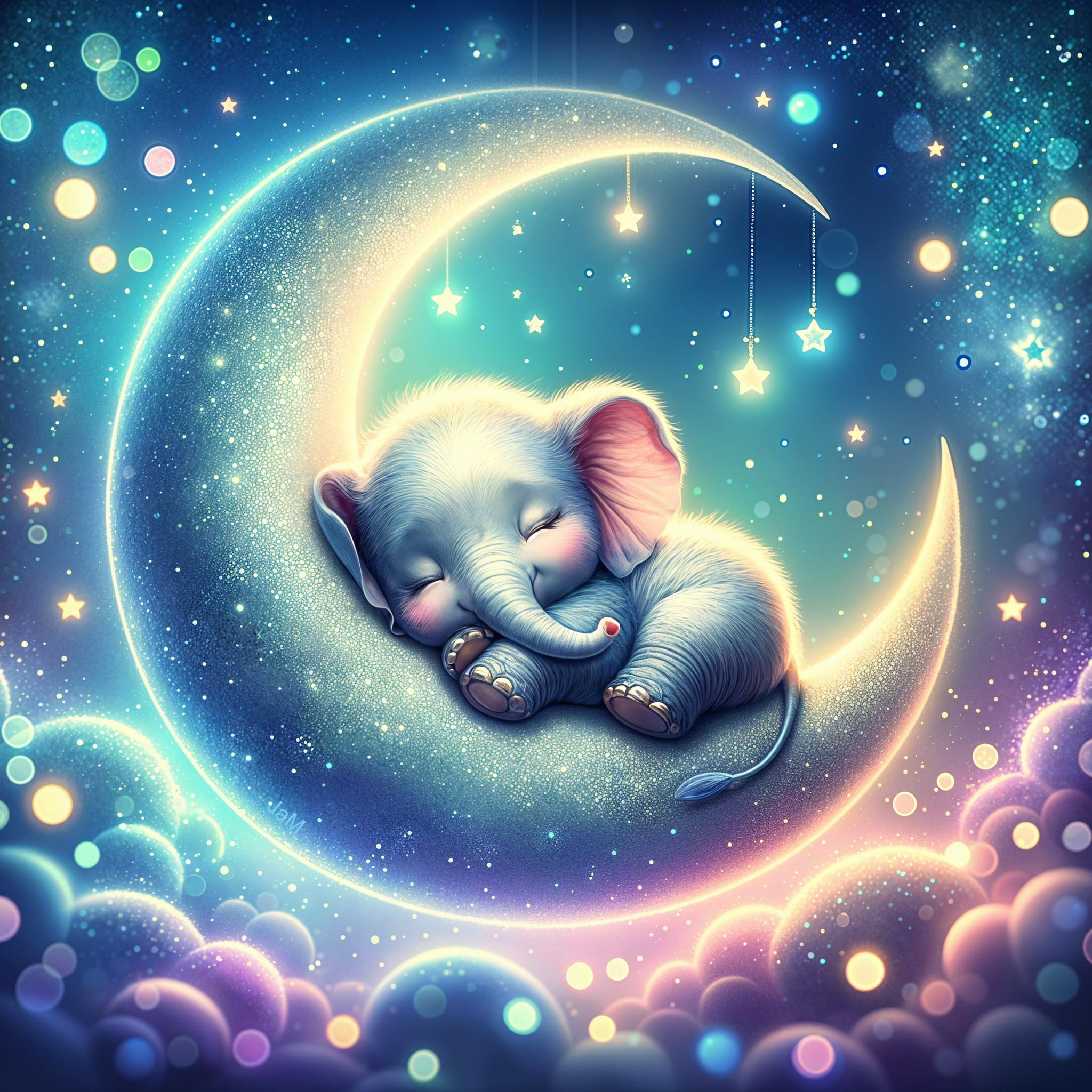 Sleeping Baby Elephant on Crescent Moon Illustration