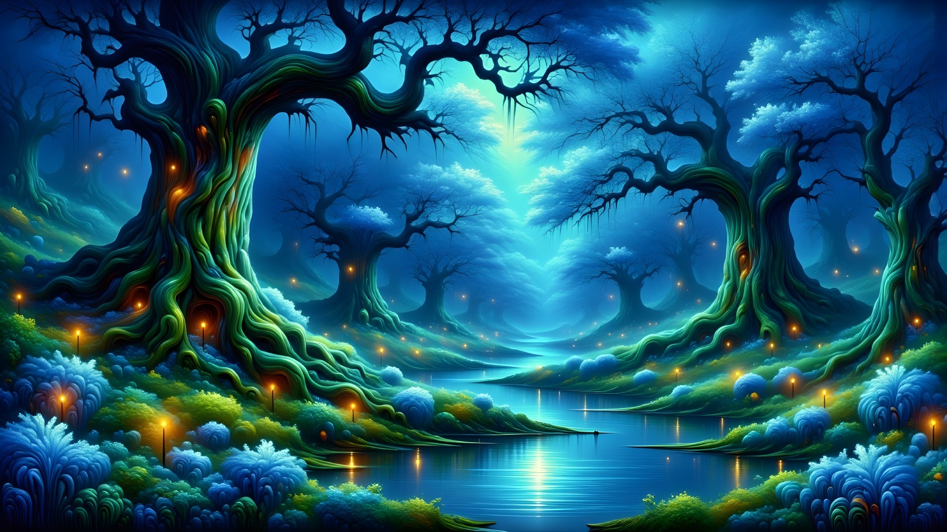 Nocturnal forest landscape with ancient glowing trees