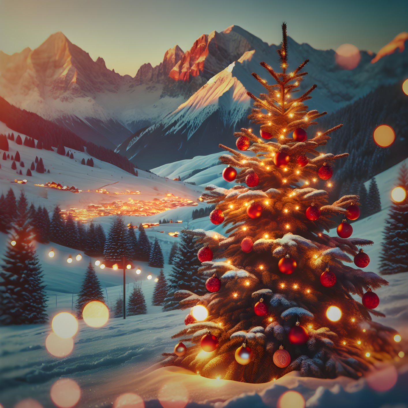 Christmas Tree in Snowy Landscape with Mountains