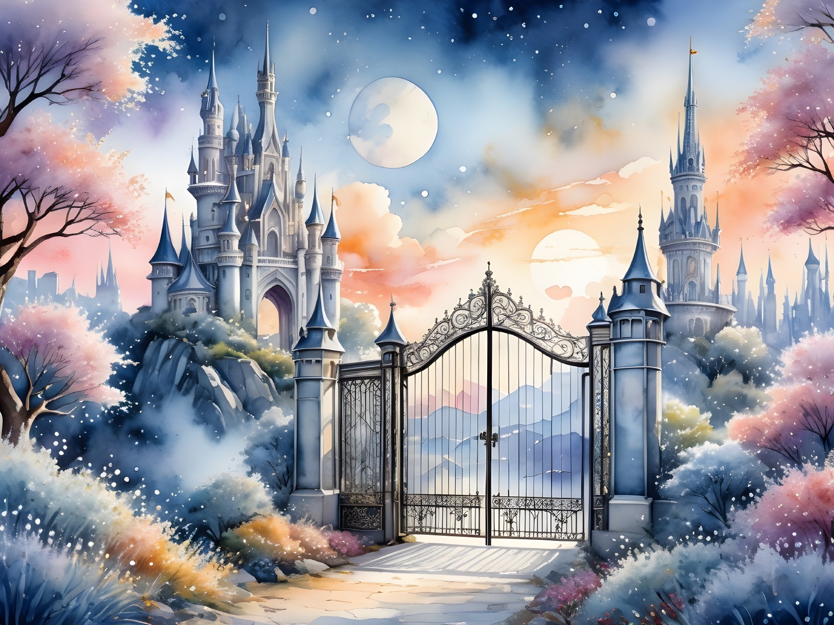 Enchanting Castle in Ethereal Landscape with Moons