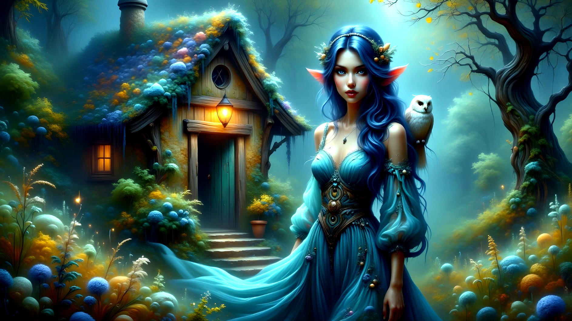 Magical realism scene with elf woman and rustic cabin
