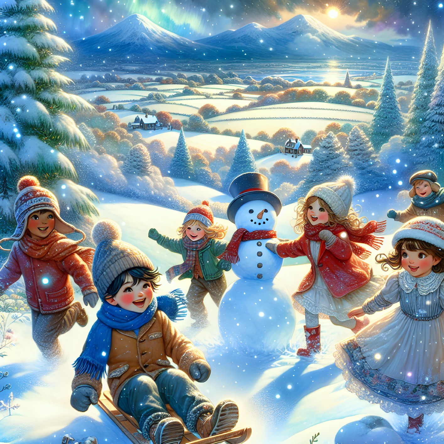 Whimsical Winter Scene with Children Playing in Snow