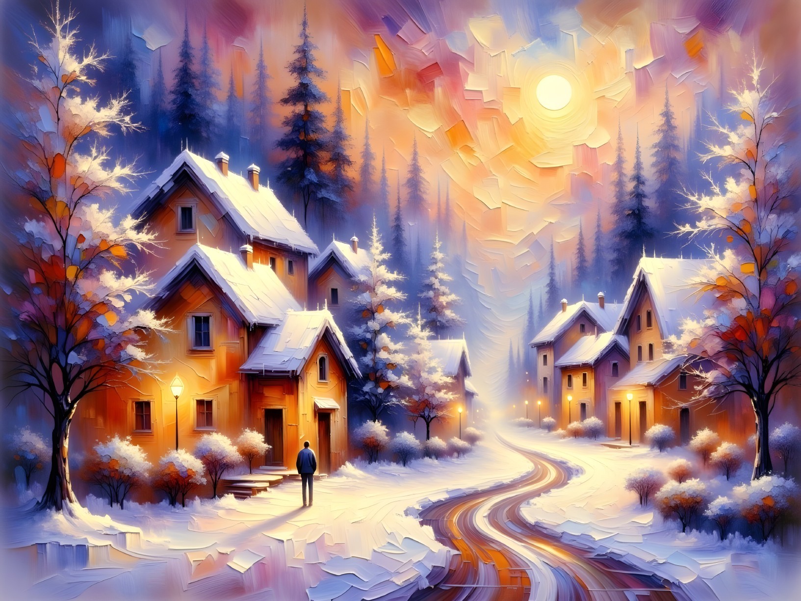 Serene Winter Village Scene with Snow-Covered Path