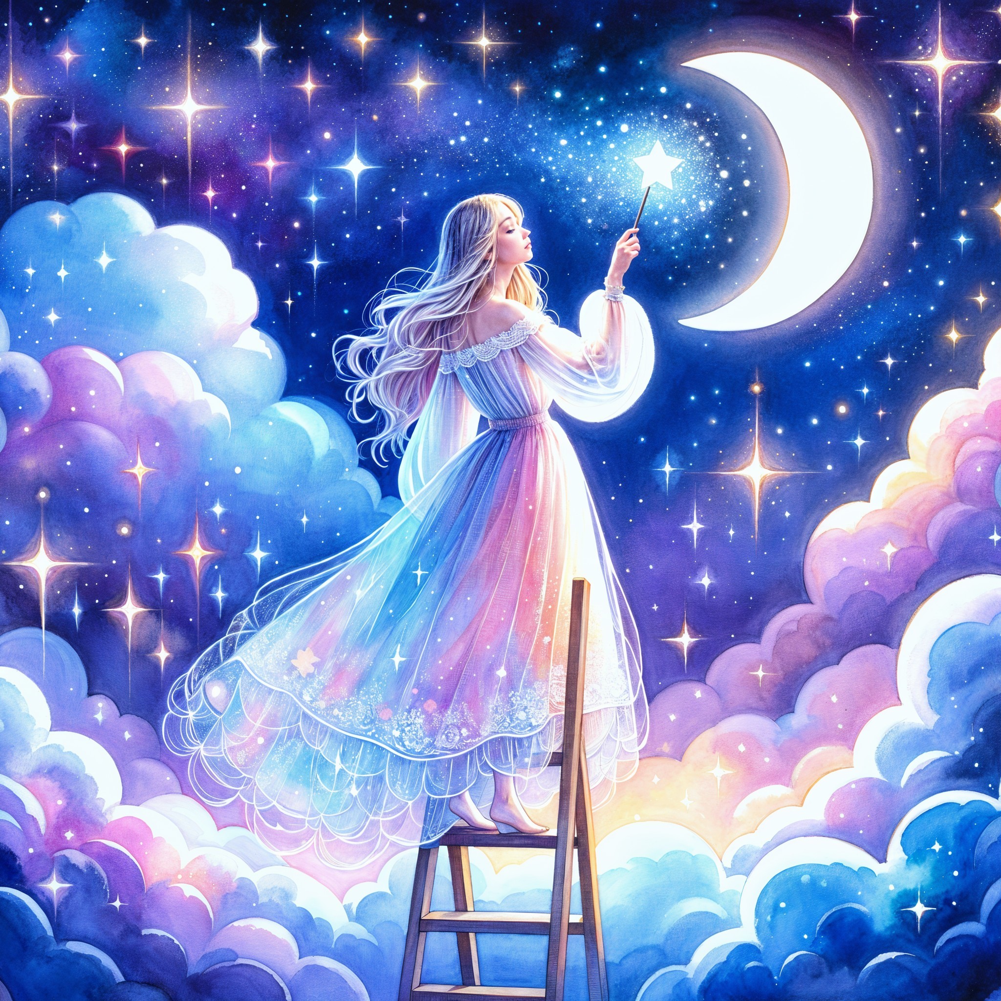 Dreamy Night Sky with Woman Reaching for a Star