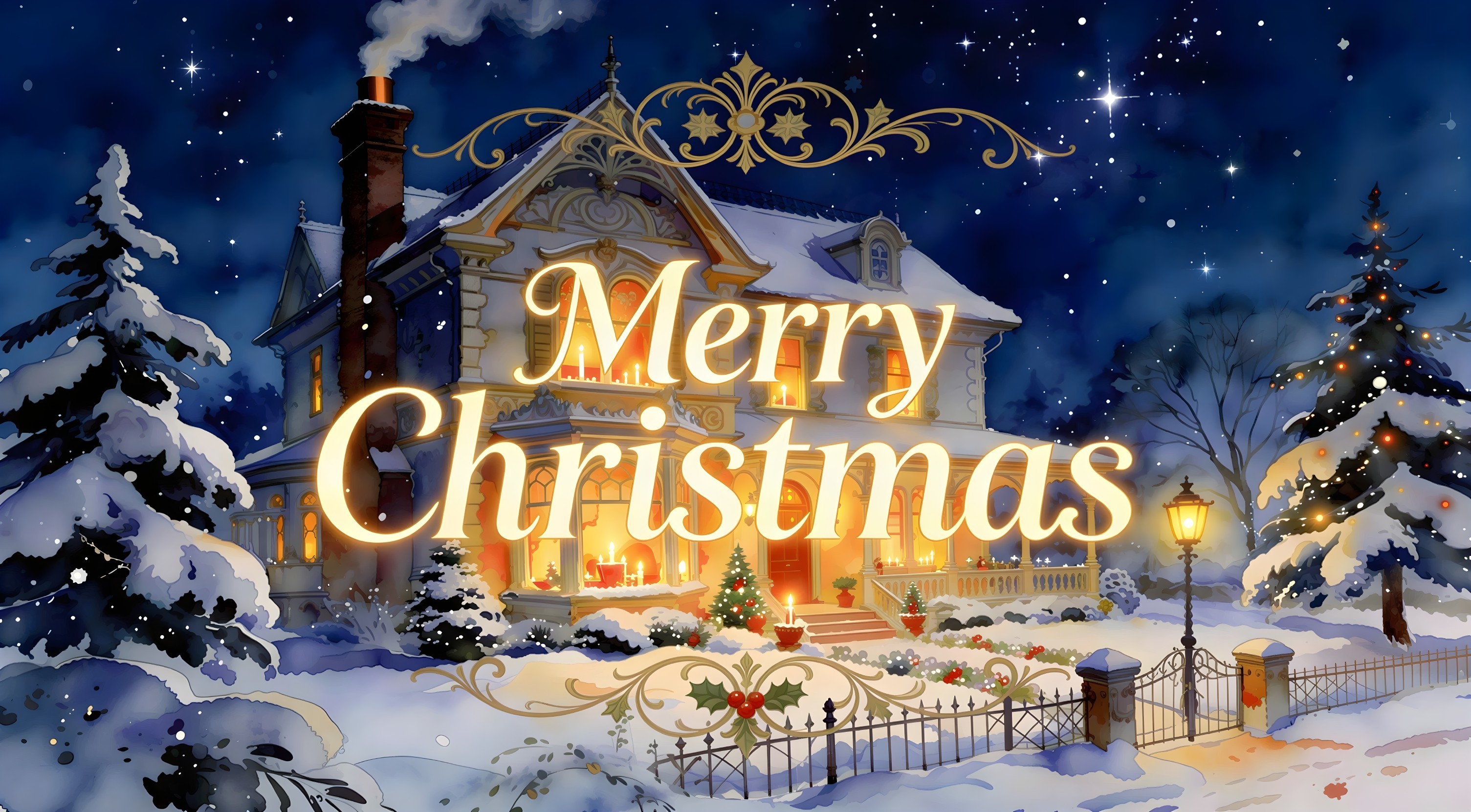 Whimsical Watercolor Christmas Scene with Victorian House