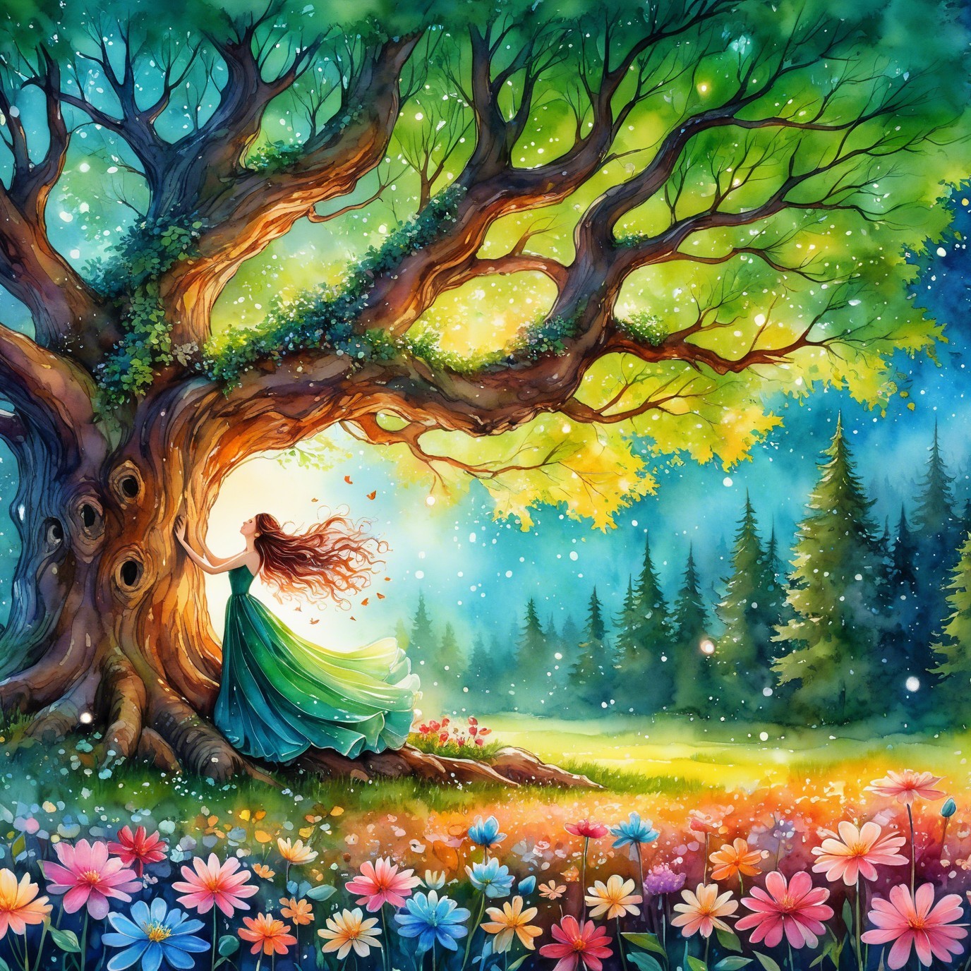 Whimsical Forest Scene with Woman and Majestic Tree