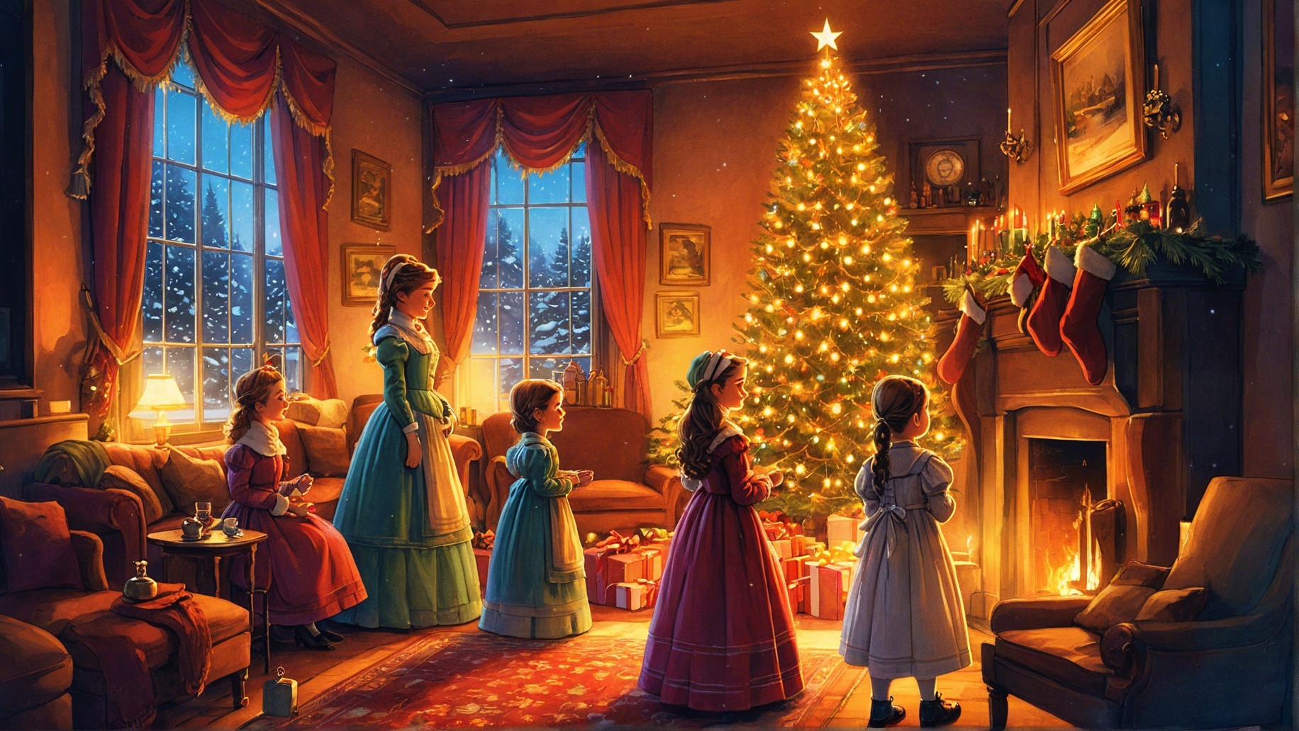 Cozy Family Christmas Scene with Vintage Decor