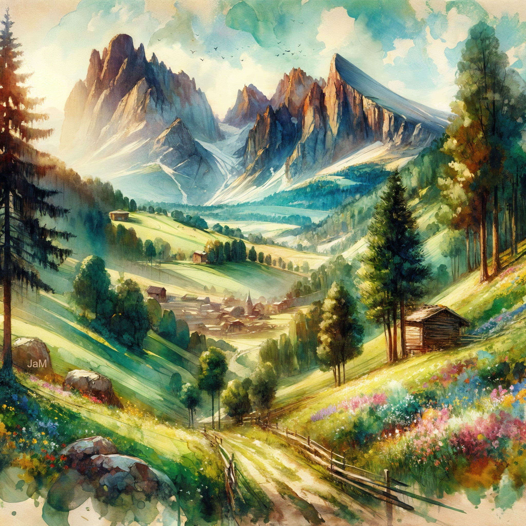 Mountain Landscape with Clouds and Wildflower Meadows