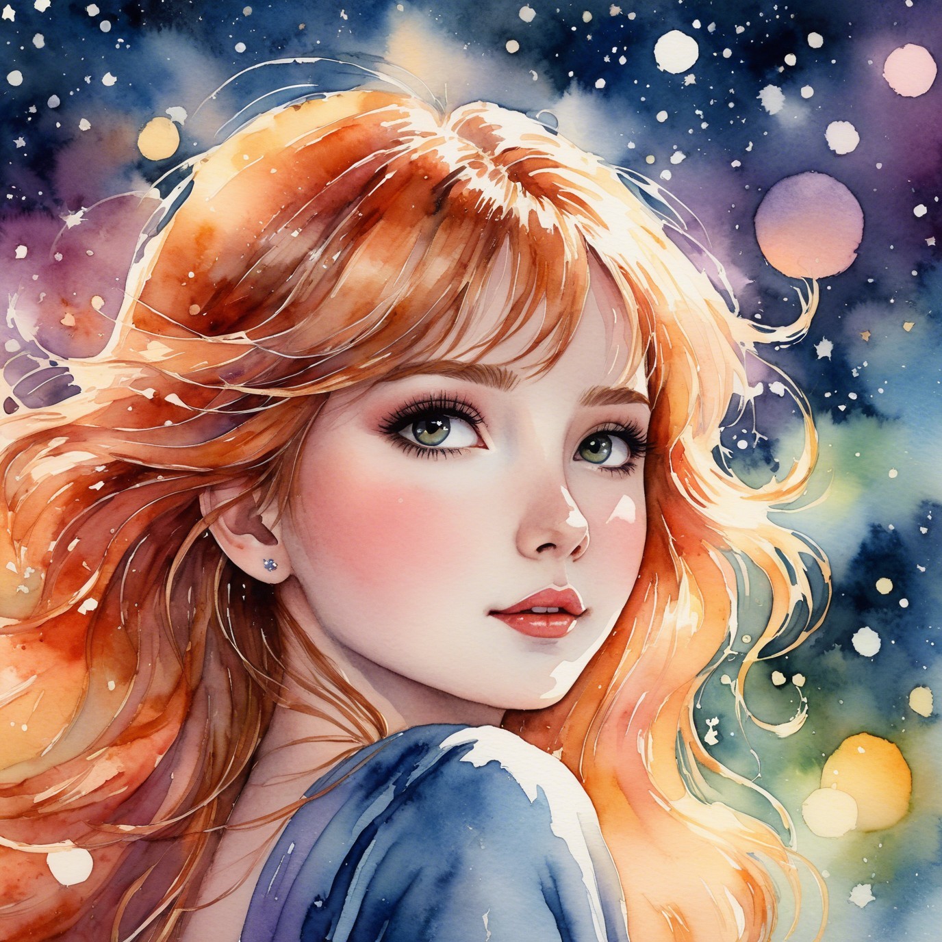Watercolor Portrait of Woman with Auburn Hair and Stars