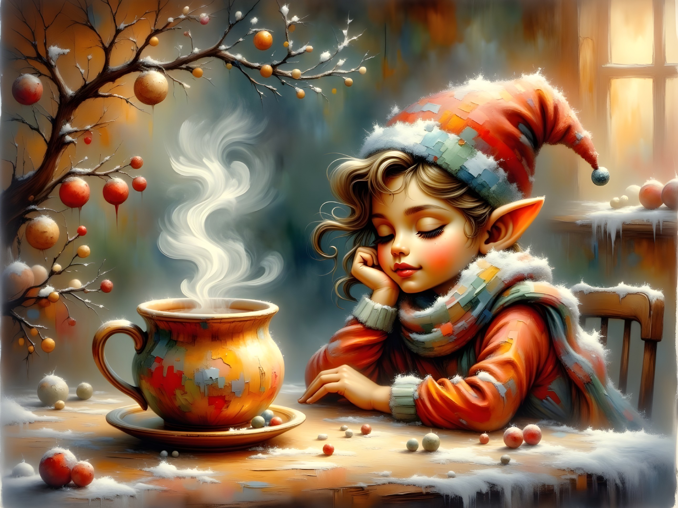 Whimsical Winter Scene with Young Girl and Cozy Decor