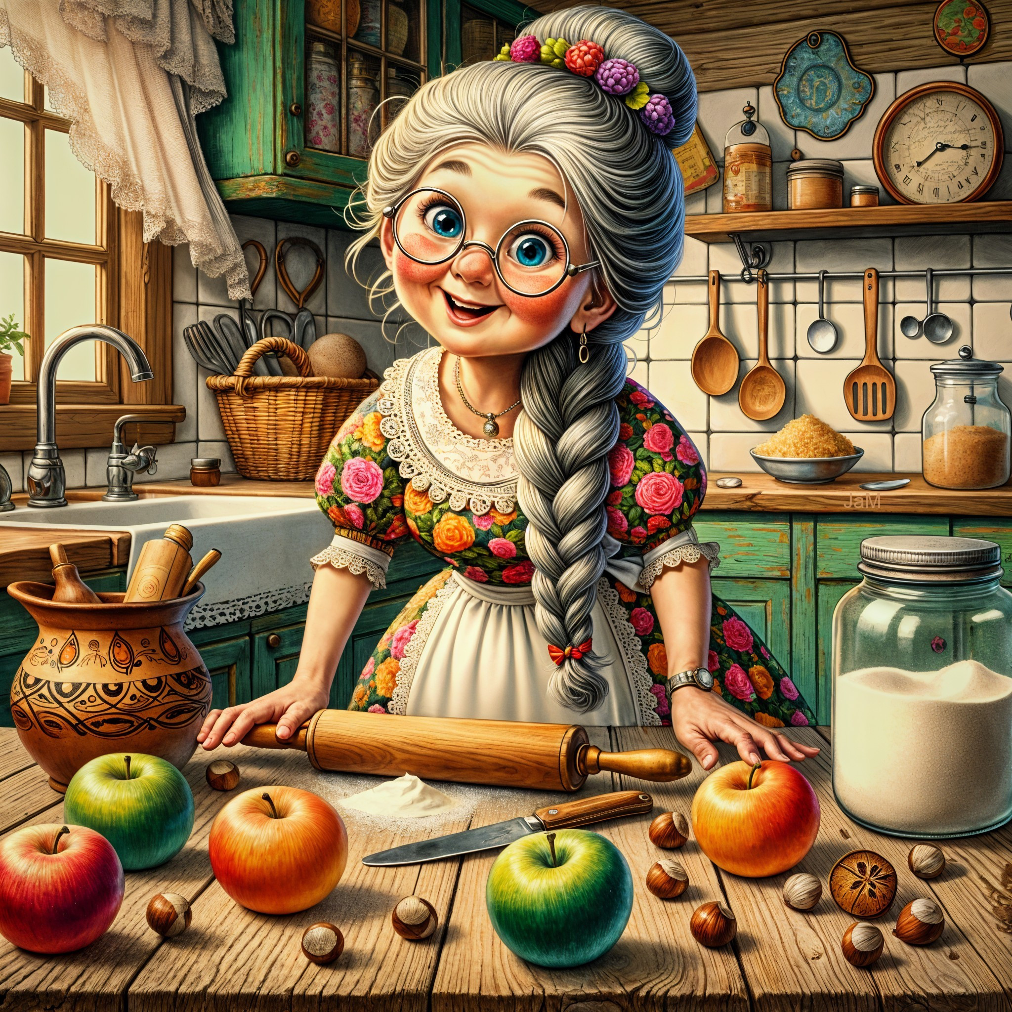 Cozy Kitchen Scene with Elderly Woman and Decor