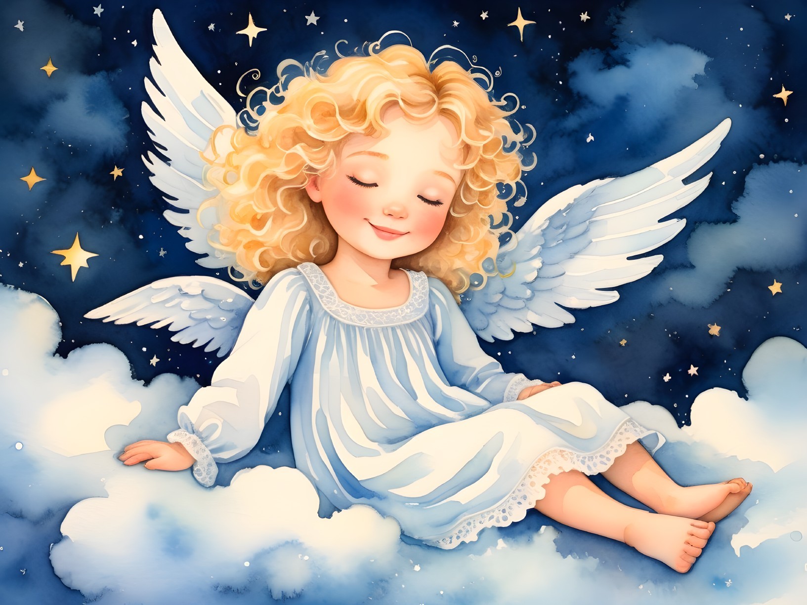 Cherubic Child Resting on Cloud Under Starry Sky