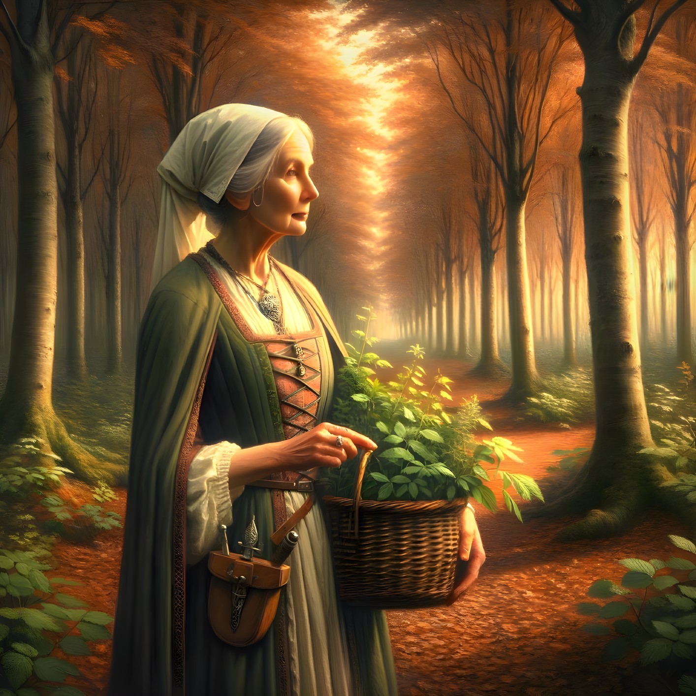 Elderly Woman in Traditional Gown in Autumn Forest