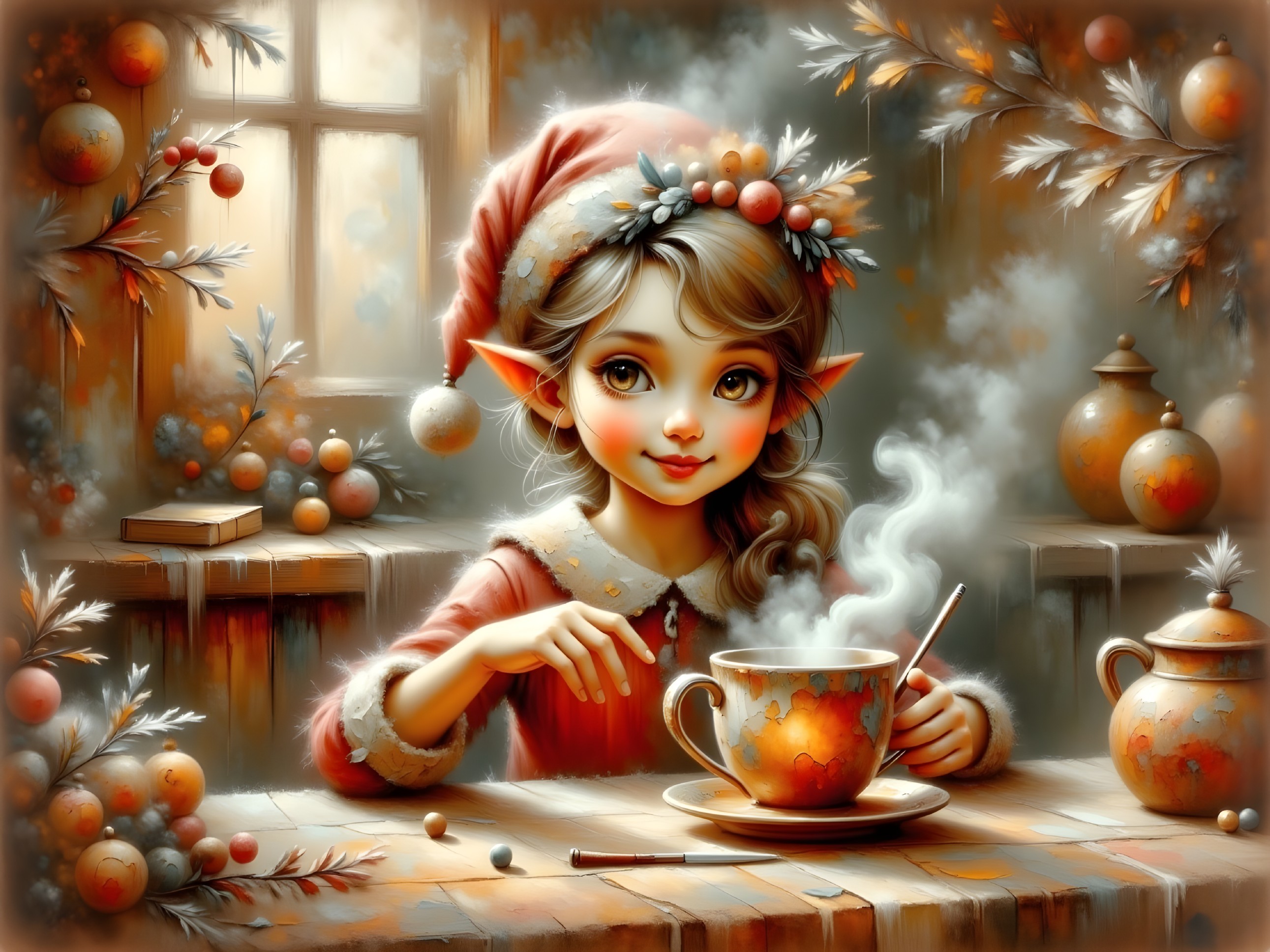 Cozy Elf Girl with Tea in Autumn Decor Setting