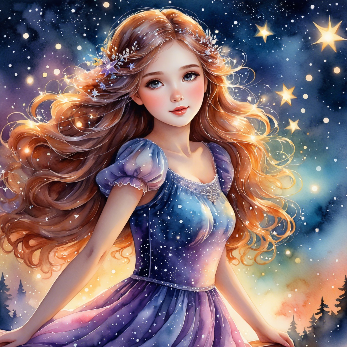 Young girl in lavender gown under starry night sky