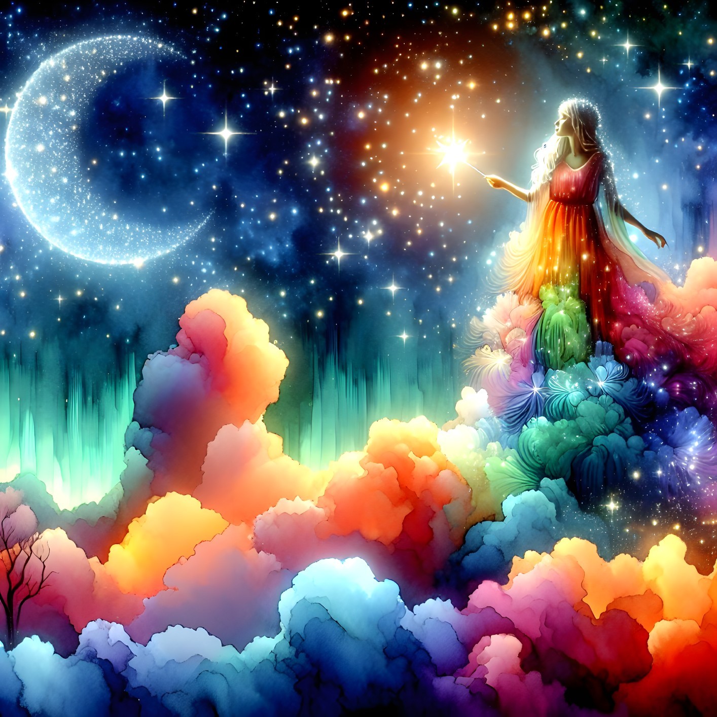 Celestial Figure on Colorful Clouds in Night Sky