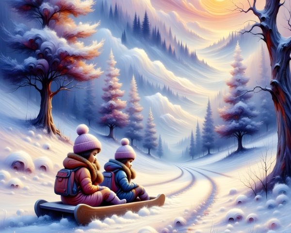 Children on Sled in Snowy Landscape at Sunset