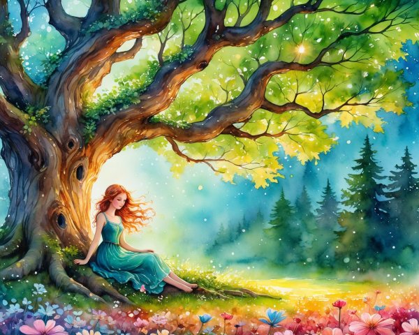 Serene young woman in teal dress by majestic tree