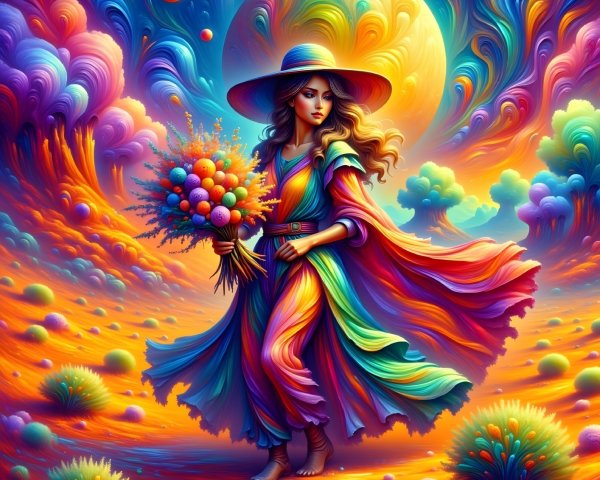 Young Woman in Rainbow Dress in Dreamlike Landscape