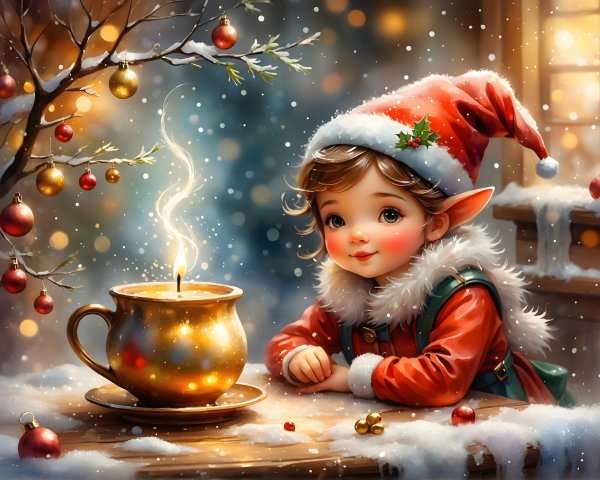 Cheerful Child in Elf Costume by Holiday Window