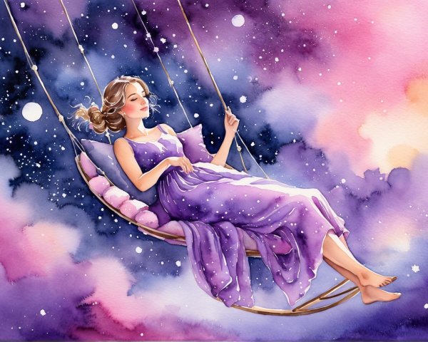 Serene Woman in Purple Dress Under Starry Sky