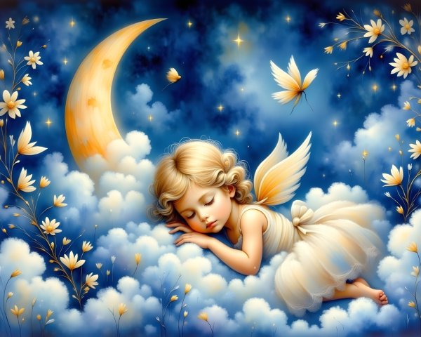 Serene Night Scene with Child Among Clouds and Stars