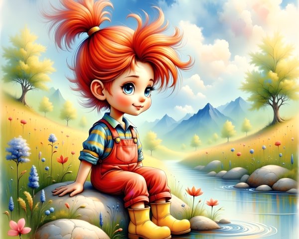 Anime-style girl with red hair by a calm river