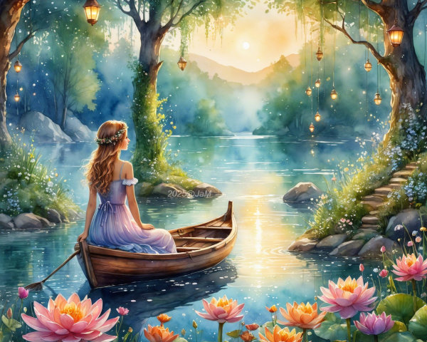 Young Woman in Boat on Tranquil Lake at Sunset