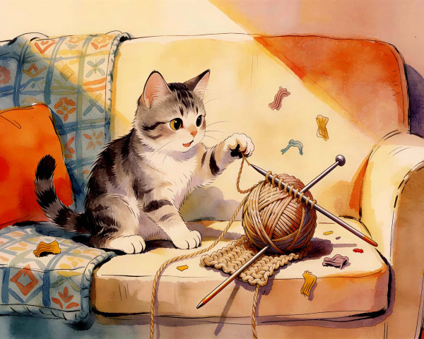Watercolor of a playful tabby kitten on a couch