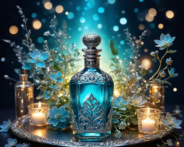 Blue Glass Bottle with Silver Detailing and Decor