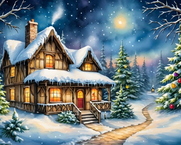 Snow-Covered Cottage in a Serene Winter Landscape