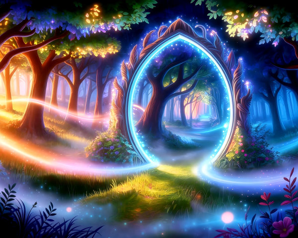 Psychedelic Forest with Glowing Portal and Vibrant Foliage