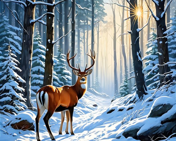 Majestic deer in a serene winter forest scene
