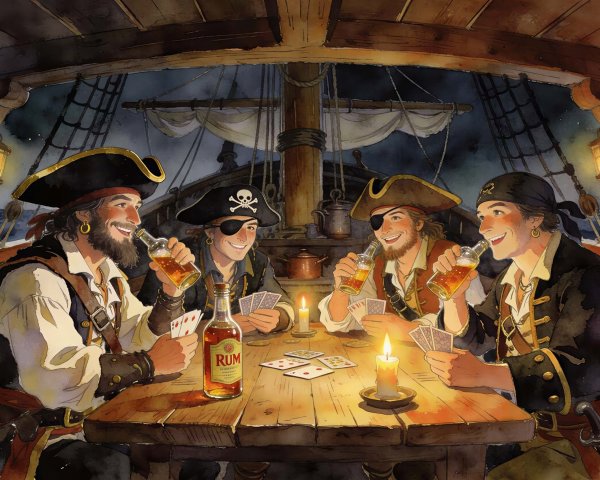 Pirates Gambling on Ship Deck Under Night Sky