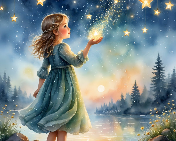 Young girl by lake at twilight with glowing orb