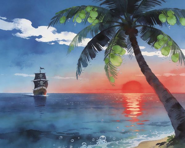 Anime-style Watercolor of Tropical Beach at Sunset