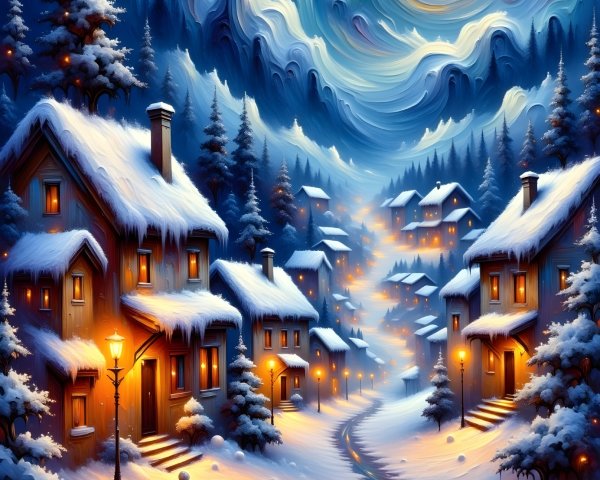 Winter Village Scene with Moonlit Cottages and Snow